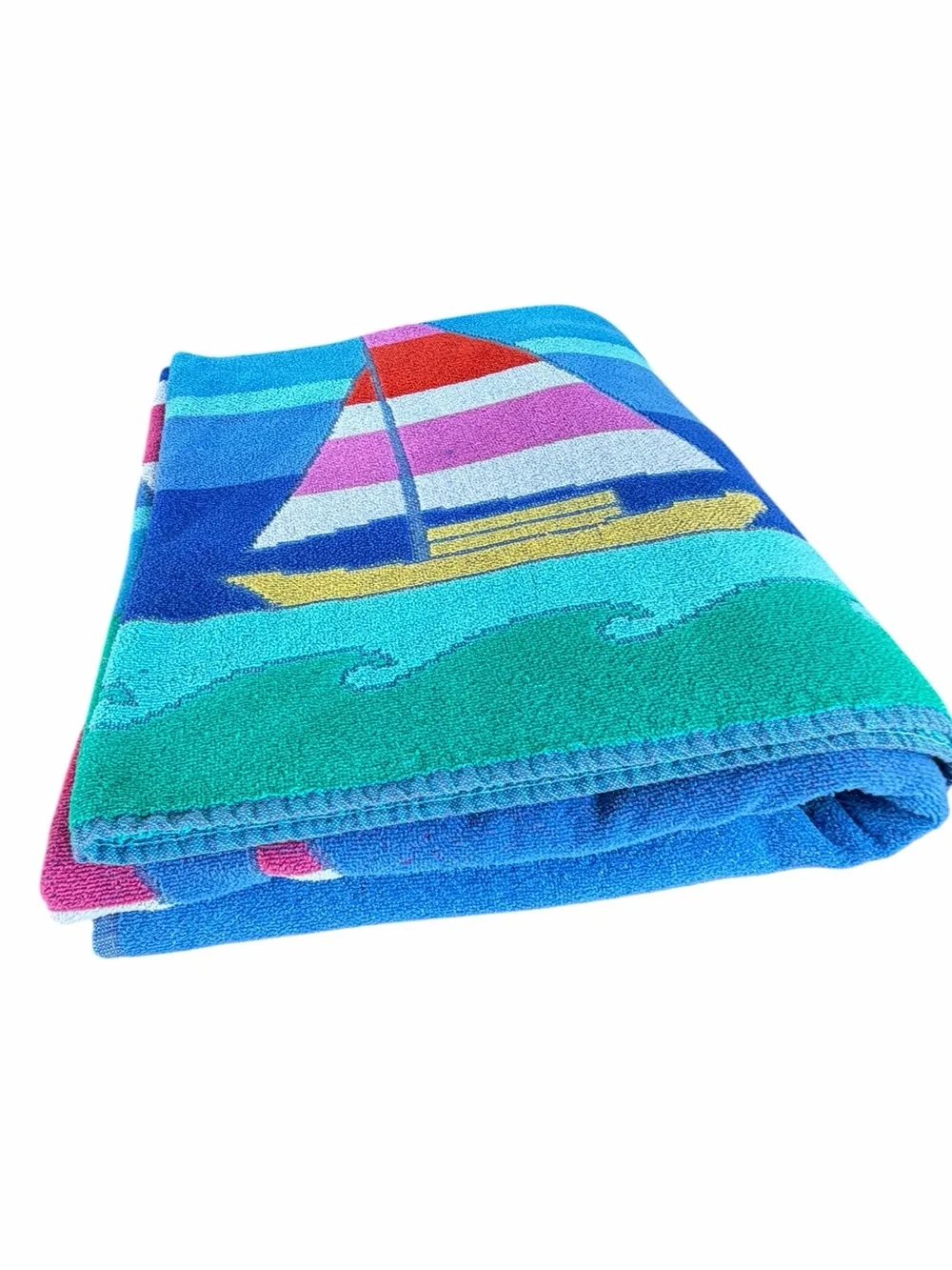 VTG TerriSol Retro Sailboat Oversized Beach Towel Blanket 100% Cotton 54” x 61”